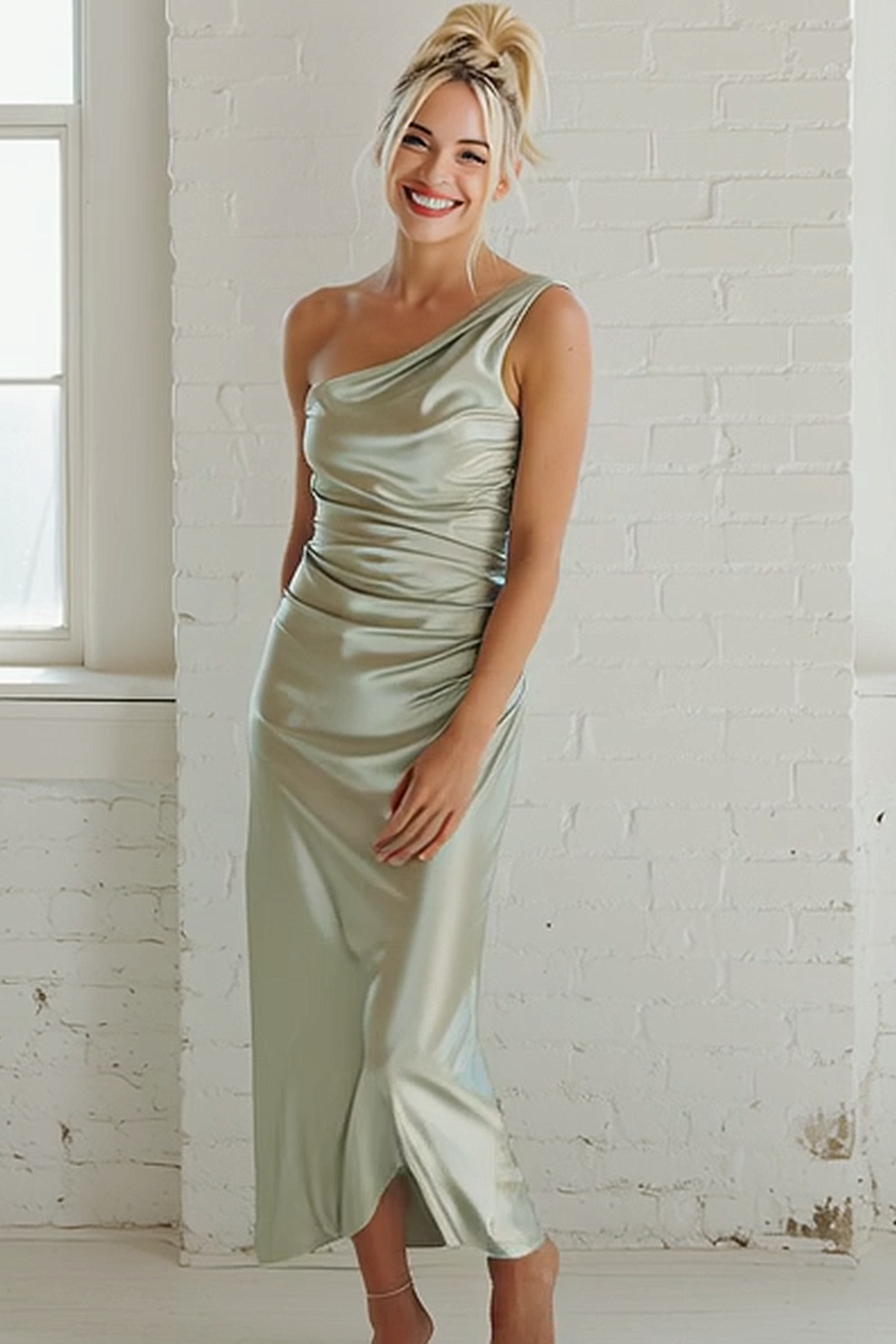 Dusty Sage Maxi Satin One Shoulder Ruched Sheath Bridesmaid Dress