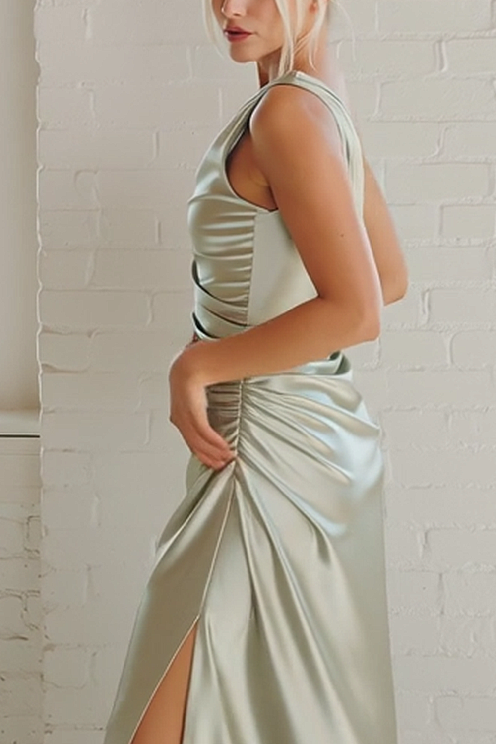 Dusty Sage Maxi Satin One Shoulder Ruched Sheath Bridesmaid Dress