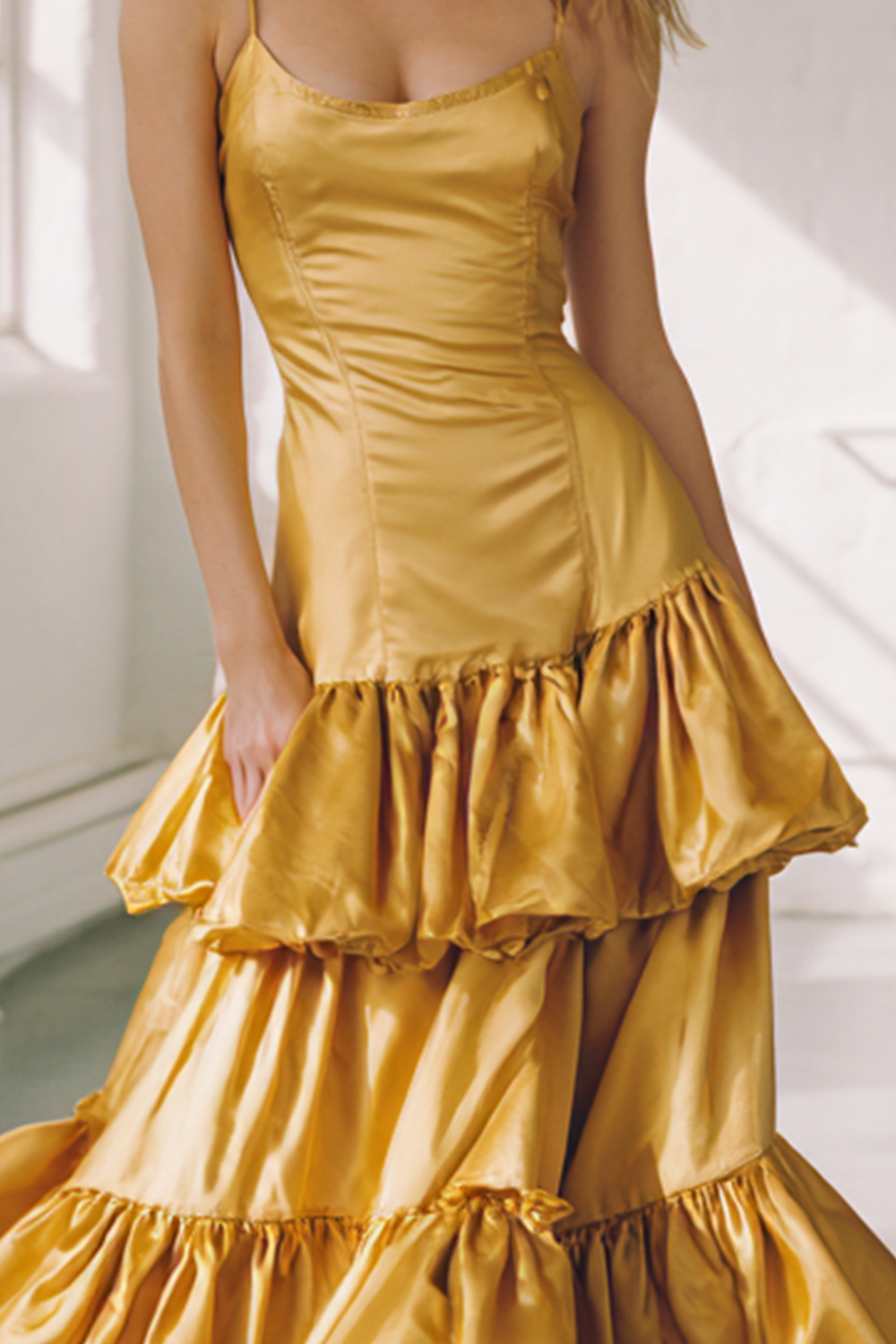 Gold A Line Tiered Satin Maxi Flowy Bridesmaid Dress