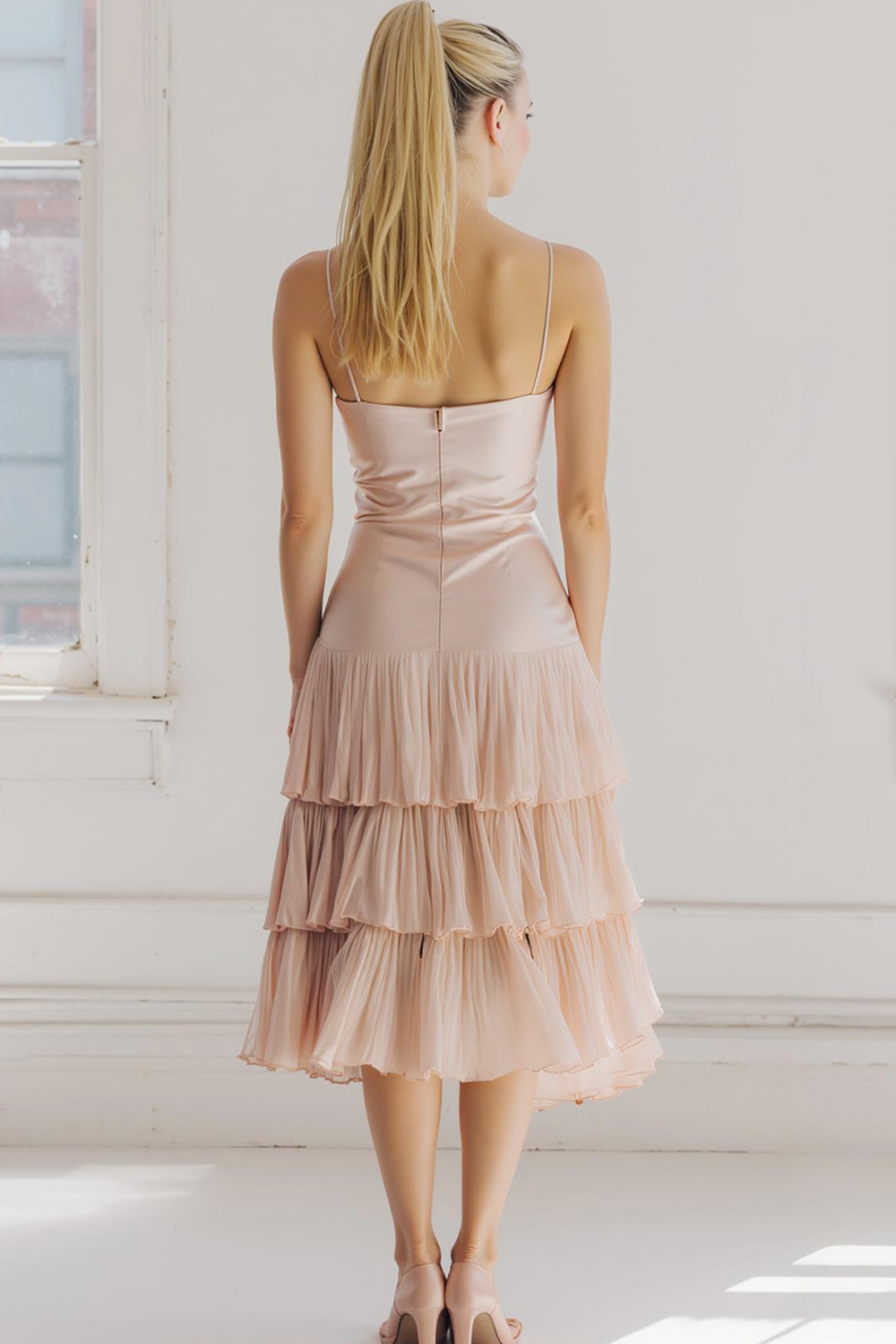 Light Pink Tiered Satin A Line Midi Bridesmaid Dress