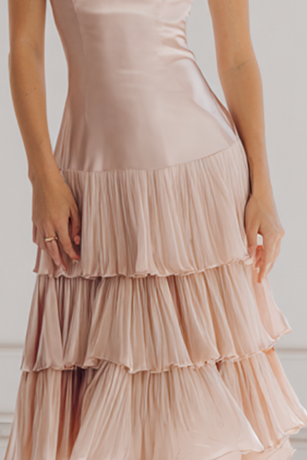 Light Pink Tiered Satin A Line Midi Bridesmaid Dress