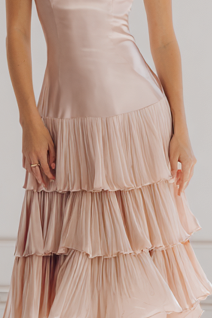 Light Pink Tiered Satin A Line Midi Bridesmaid Dress