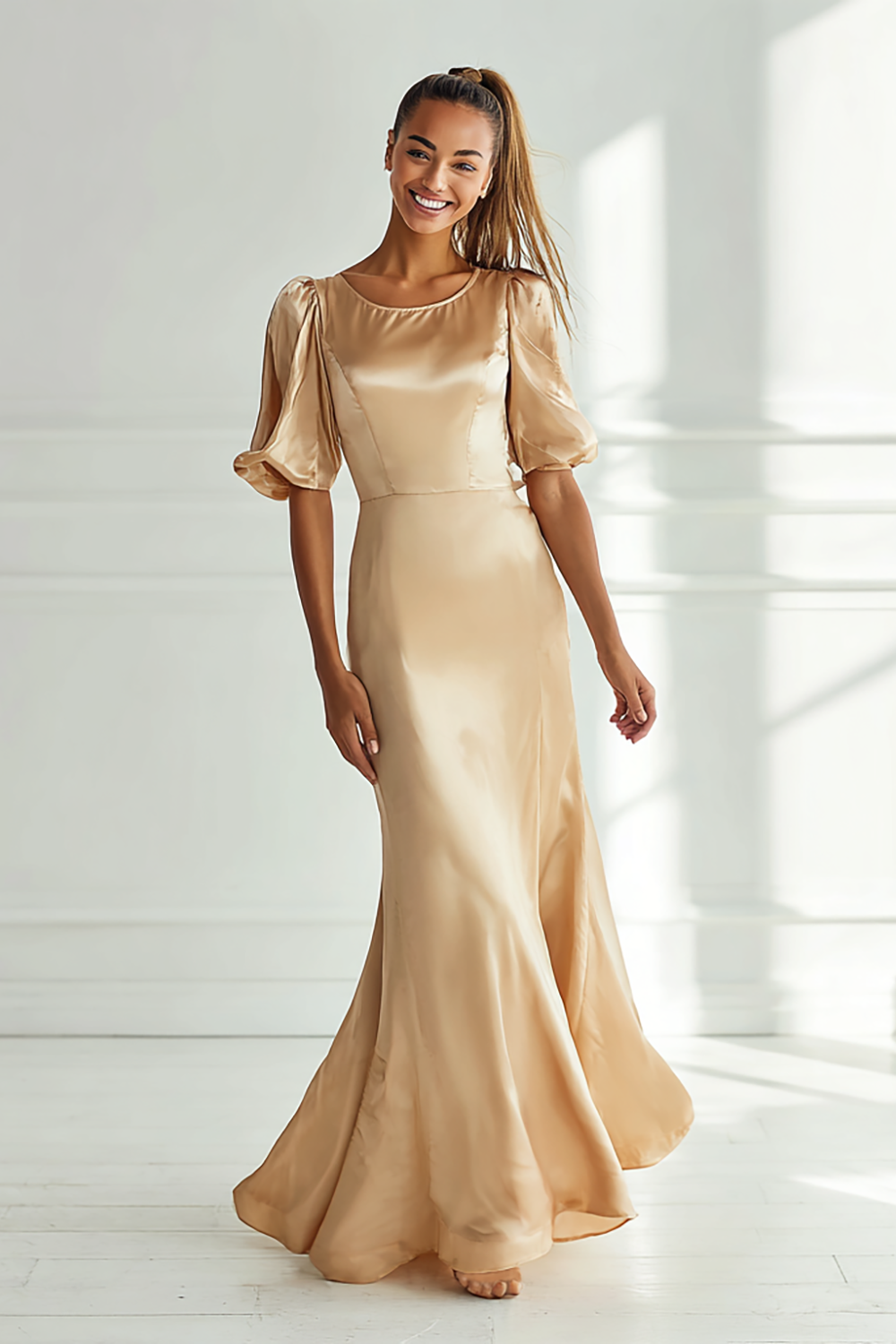 Champagne Round Neck Satin Maxi Bridesmaid Dress with Sleeves