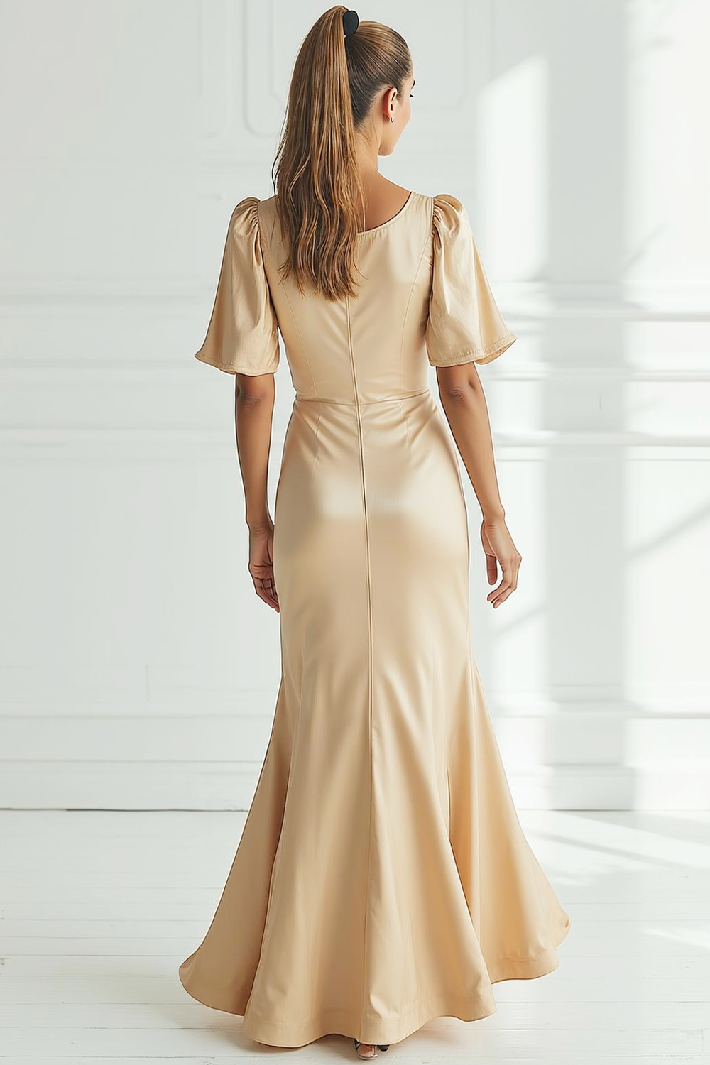Champagne Round Neck Satin Maxi Bridesmaid Dress with Sleeves