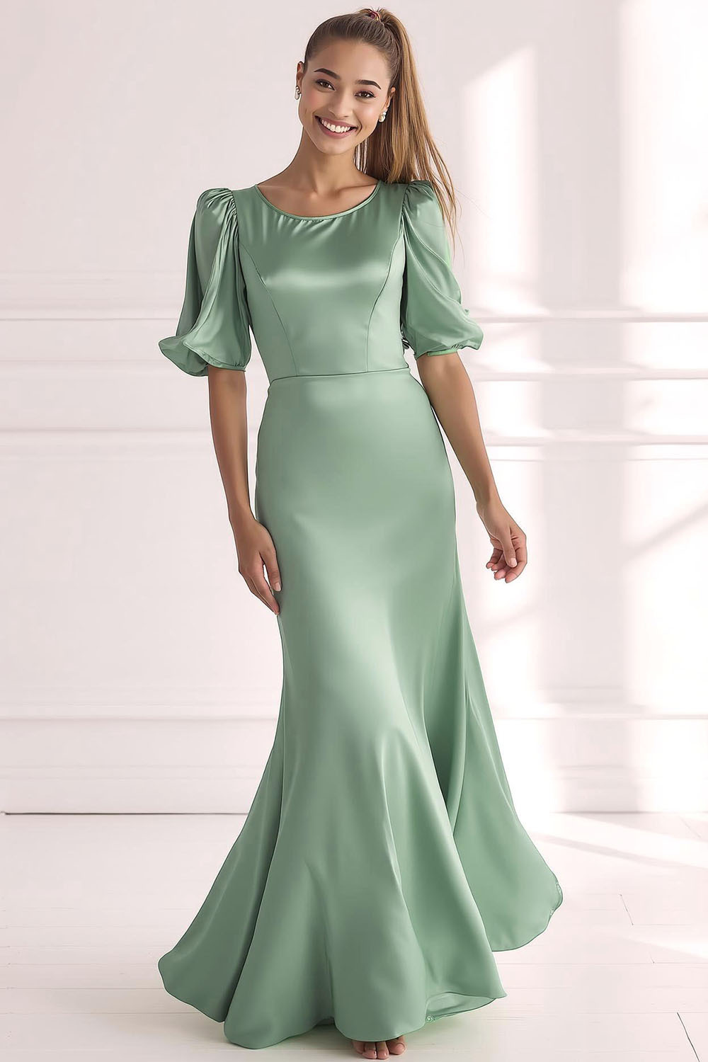 Champagne Round Neck Satin Maxi Bridesmaid Dress with Sleeves