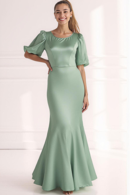 Champagne Round Neck Satin Maxi Bridesmaid Dress with Sleeves