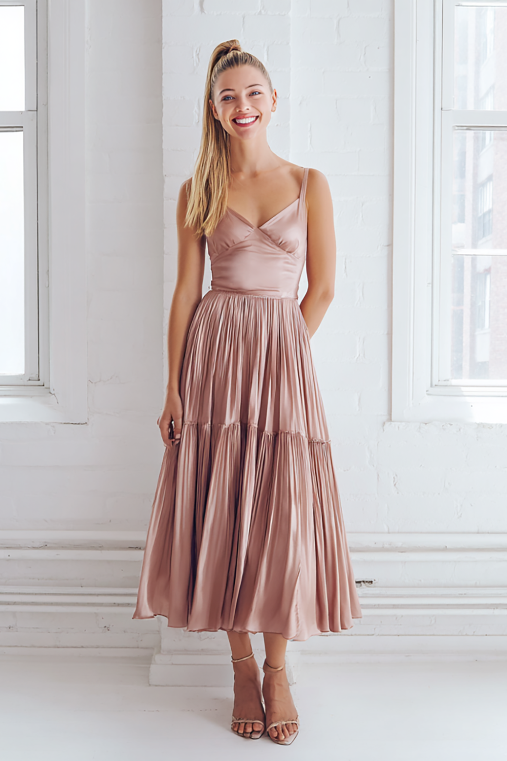 Light Pink A Line Pleated Satin Maxi Bridesmaid Dress