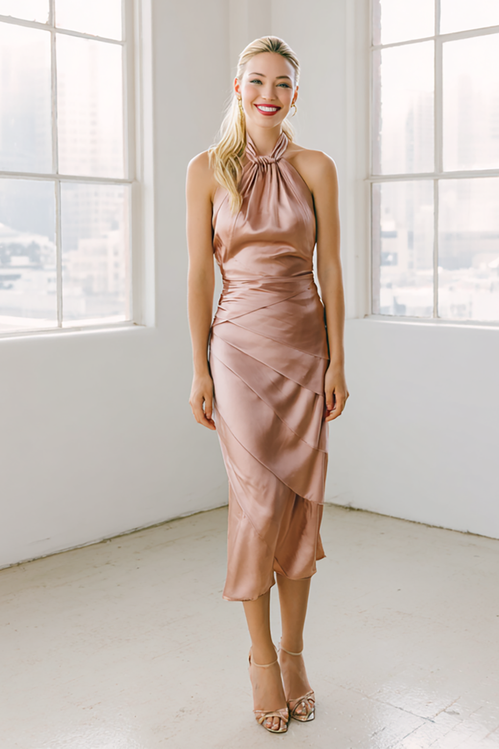 Light Pink Halter Sheath Tiered Satin Midi Bridesmaid Dress