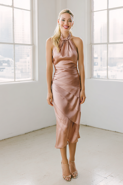 Leely Women Light Pink Satin Midi Bridesmaid Dress Sheath Halter Tiered Wedding Guest Dress