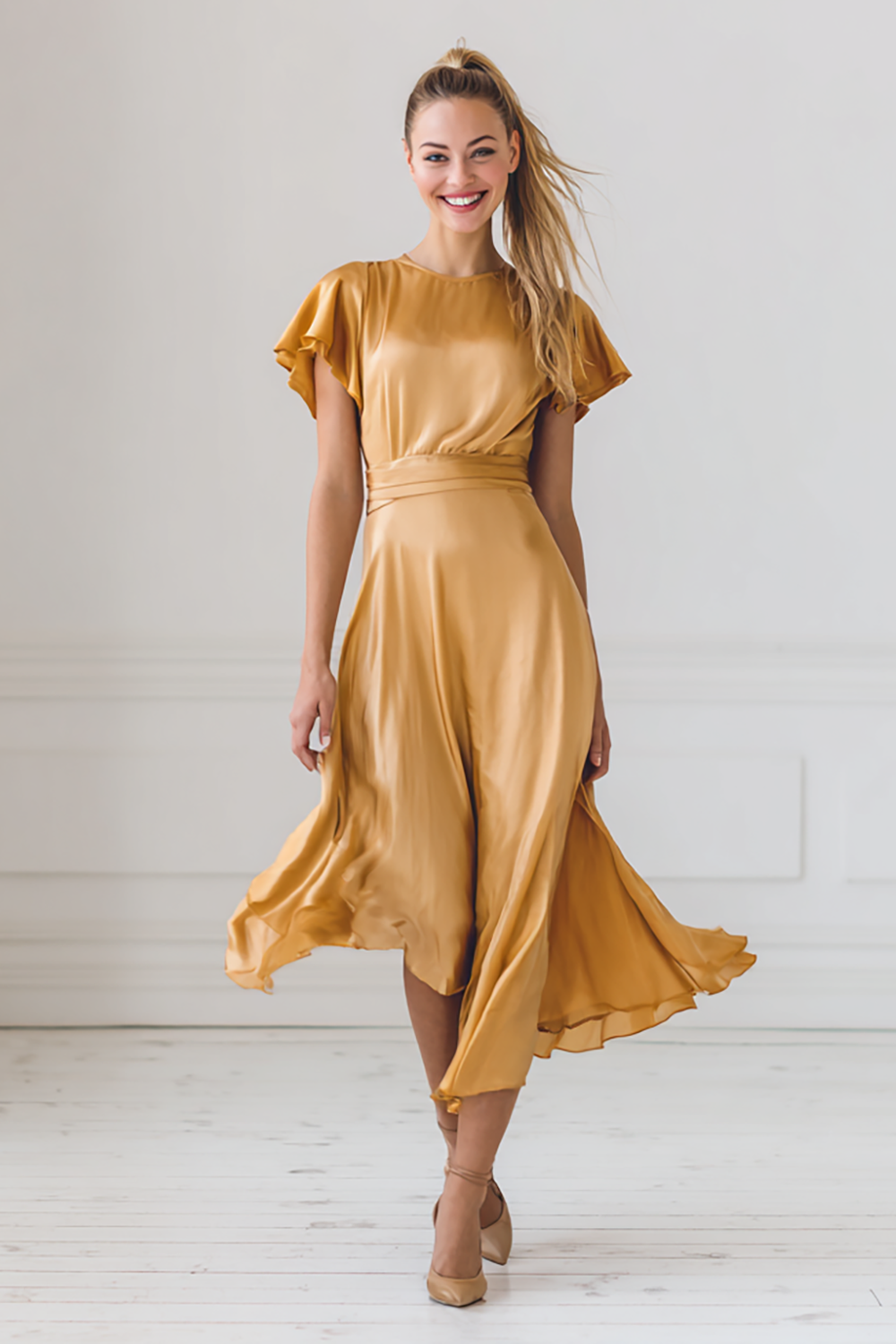 Yellow Flutter Sleeves A Line Satin Midi Bridesmaid Dress