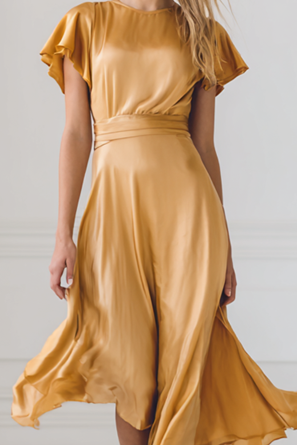 Yellow Flutter Sleeves A Line Satin Midi Bridesmaid Dress