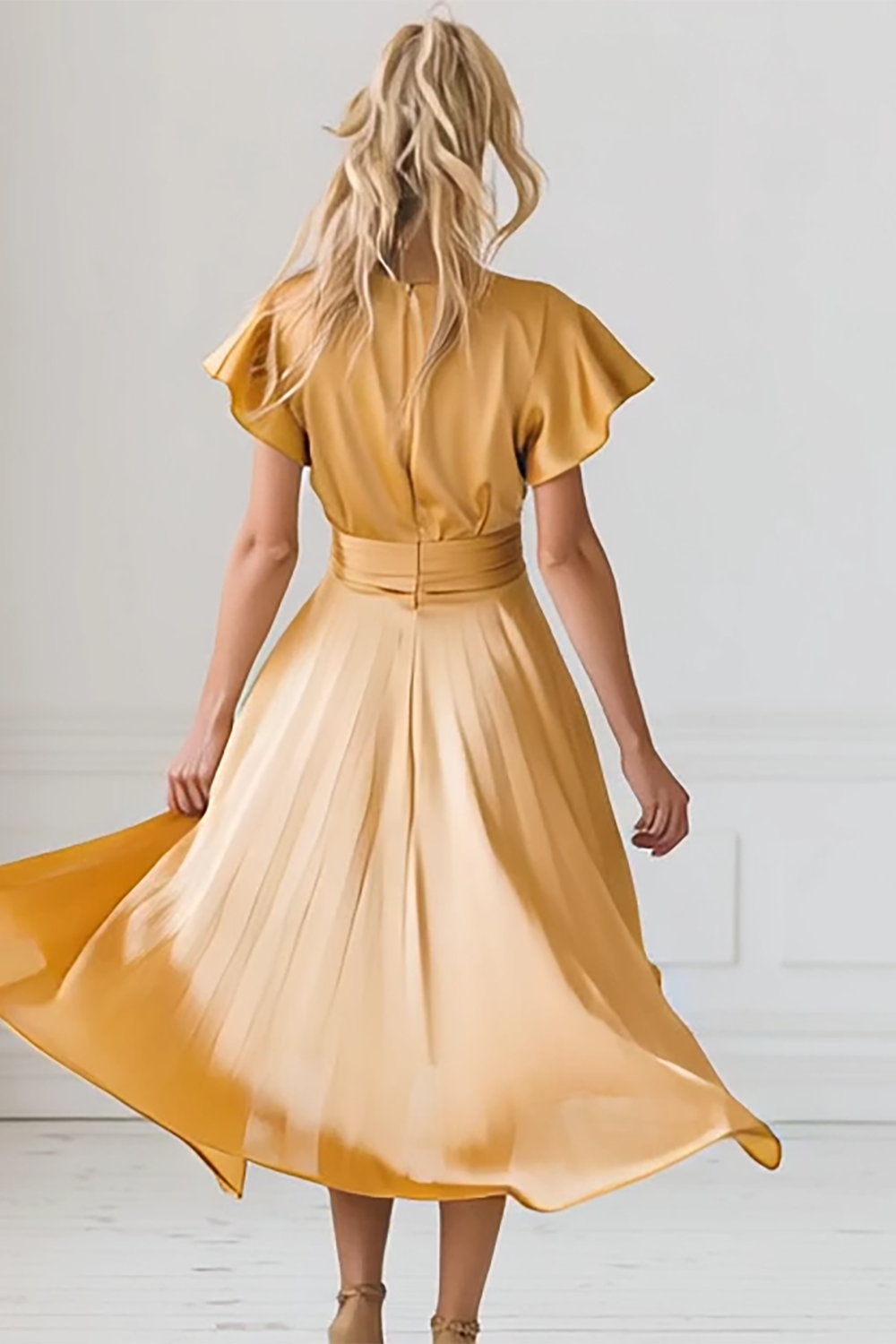 Yellow Flutter Sleeves A Line Satin Midi Bridesmaid Dress