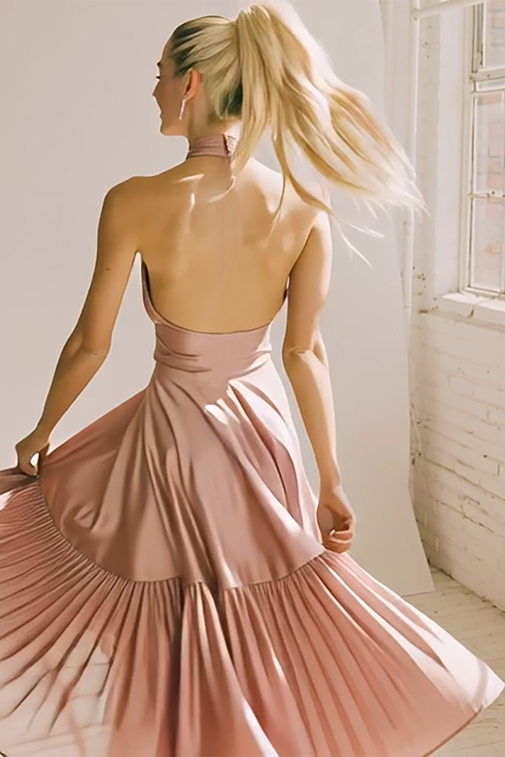 A Line Light Pink Halter Satin Midi Bridesmaid Dress