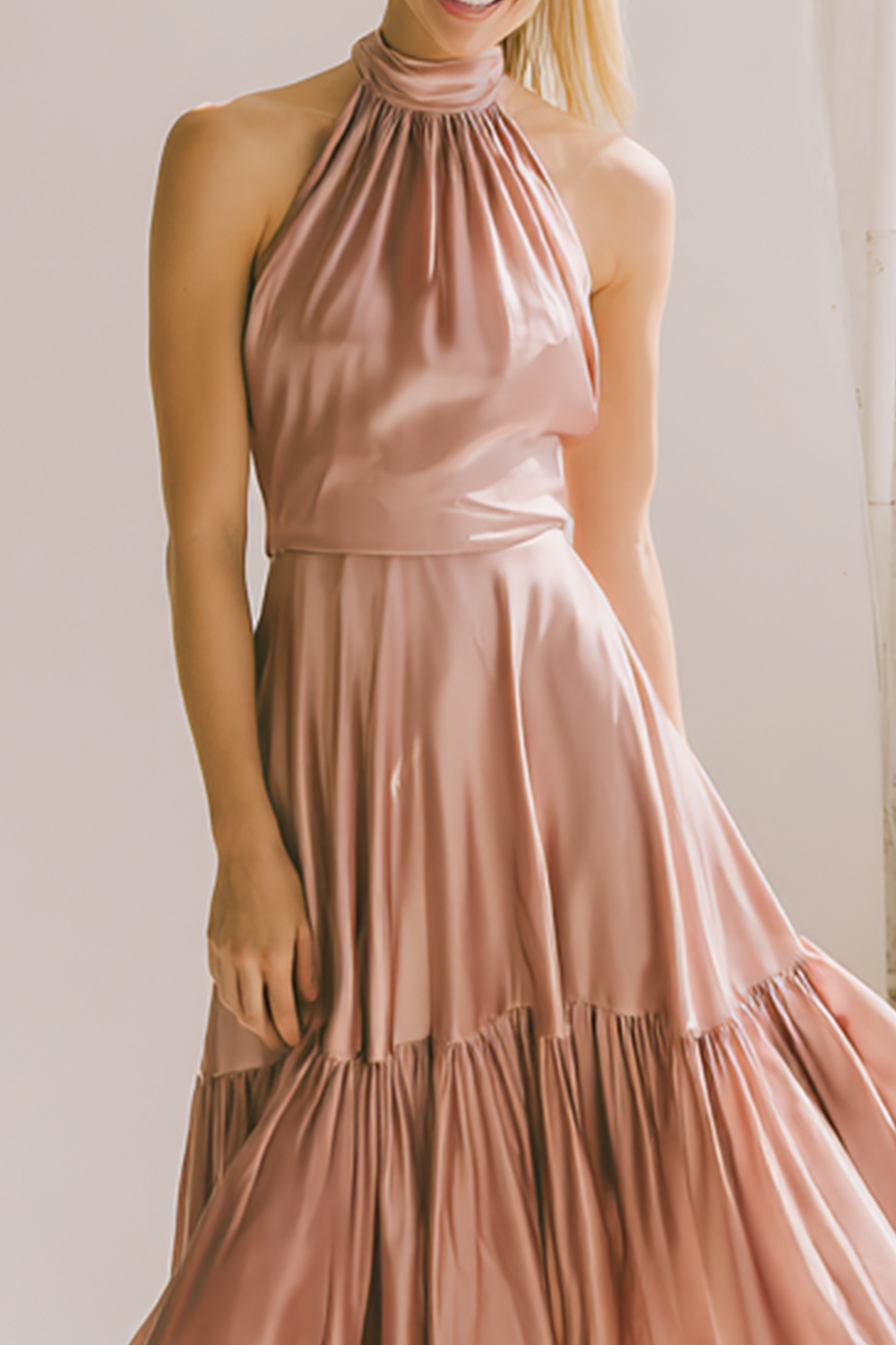 A Line Light Pink Halter Satin Midi Bridesmaid Dress