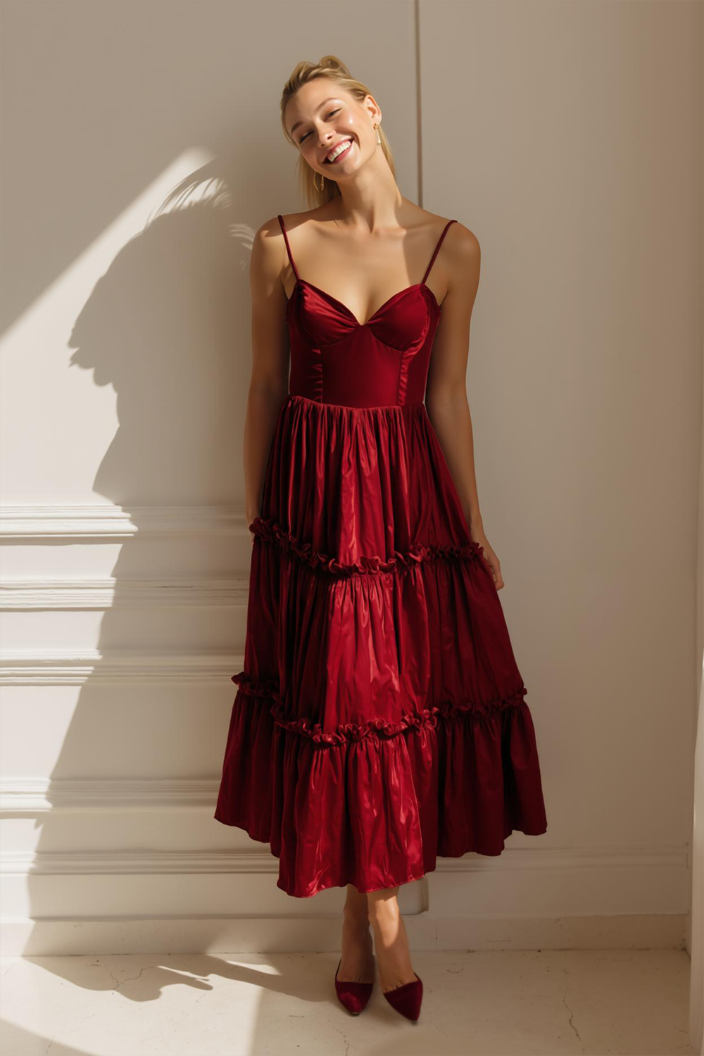 A Line Coffee Tiered Satin Maxi Bridesmaid Dress