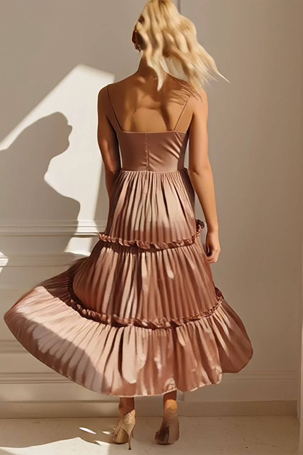 A Line Coffee Tiered Satin Maxi Bridesmaid Dress