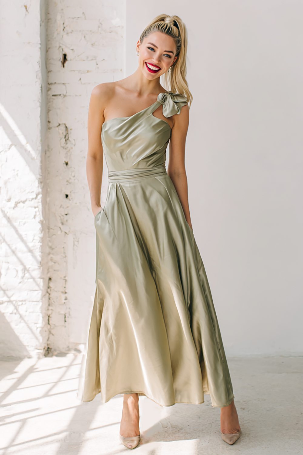 Dusty Sage Maxi Satin One Shoulder Bridesmaid Dress with Knot