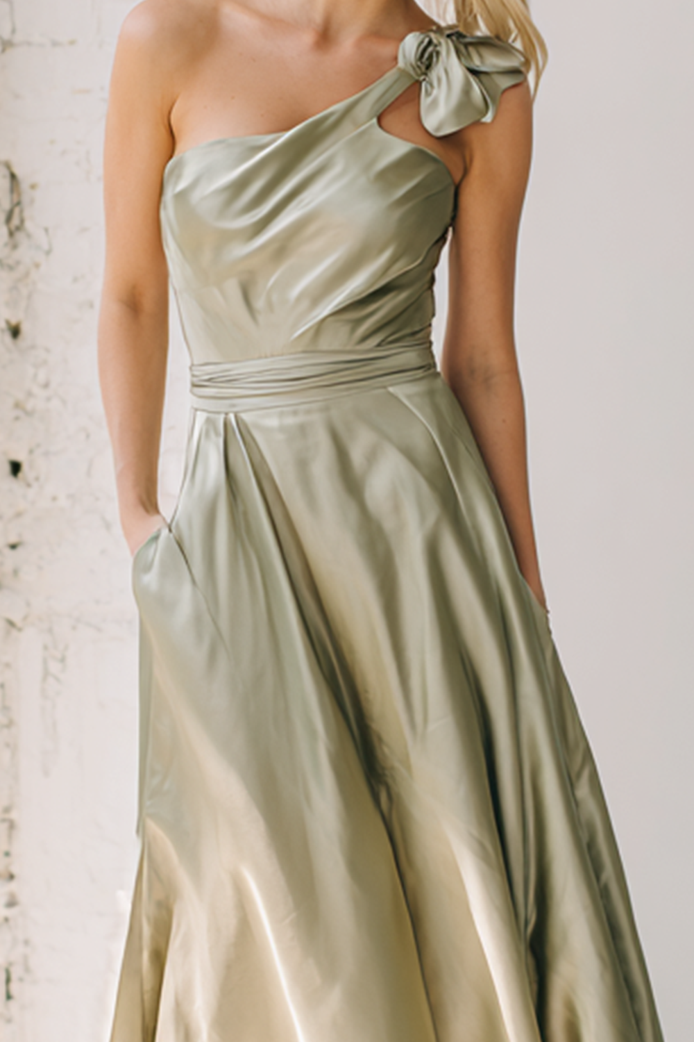 Dusty Sage Maxi Satin One Shoulder Bridesmaid Dress with Knot