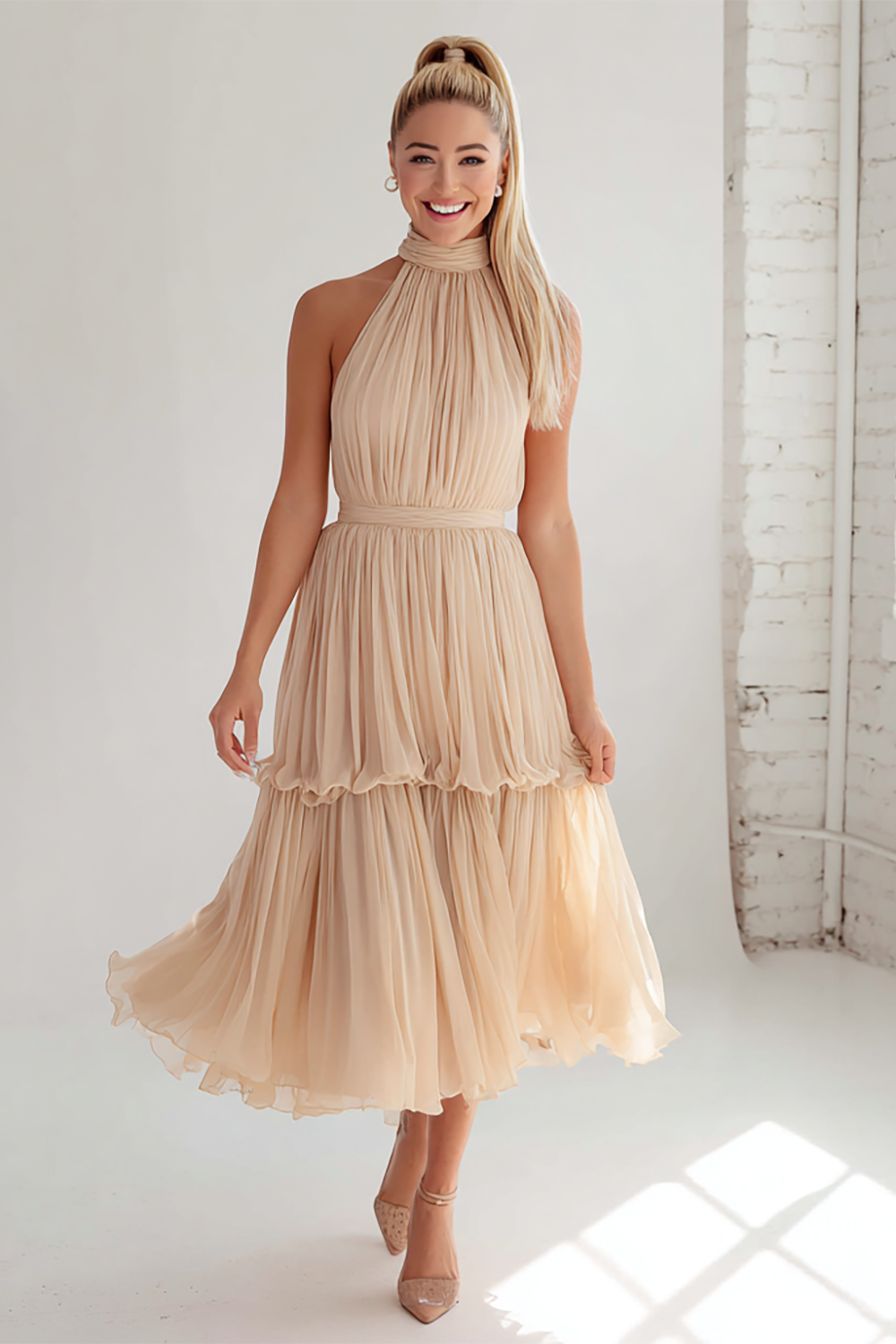 Light Pink Halter A Line Pleated Midi Bridesmaid Dress with Ruffle