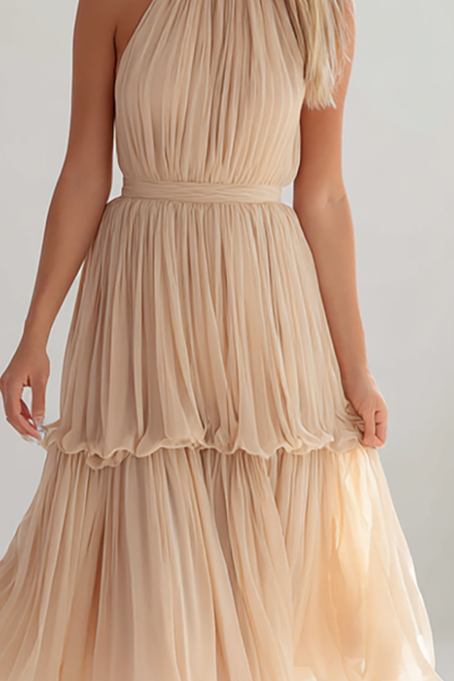 Light Pink Halter A Line Pleated Midi Bridesmaid Dress with Ruffle