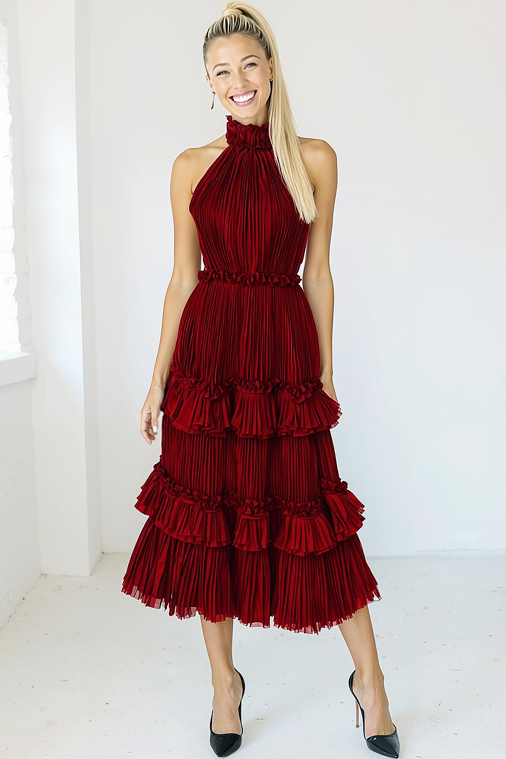 Peacock Blue Tiered Tulle Halter Pleated Midi Bridesmaid Dress with Ruffles