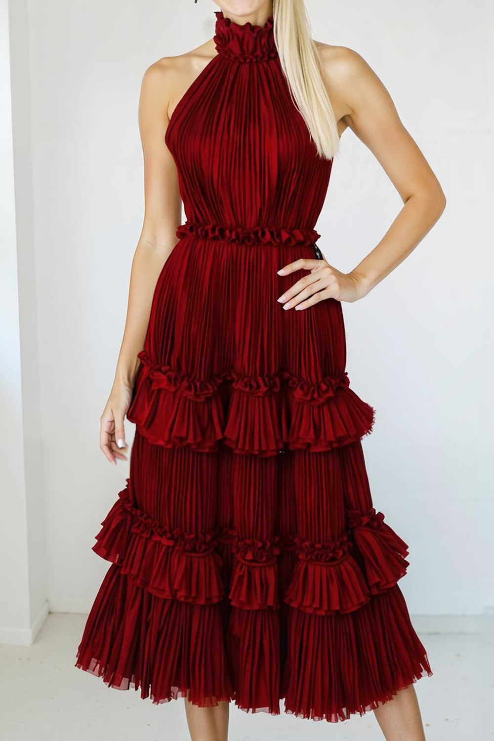 Peacock Blue Tiered Tulle Halter Pleated Midi Bridesmaid Dress with Ruffles