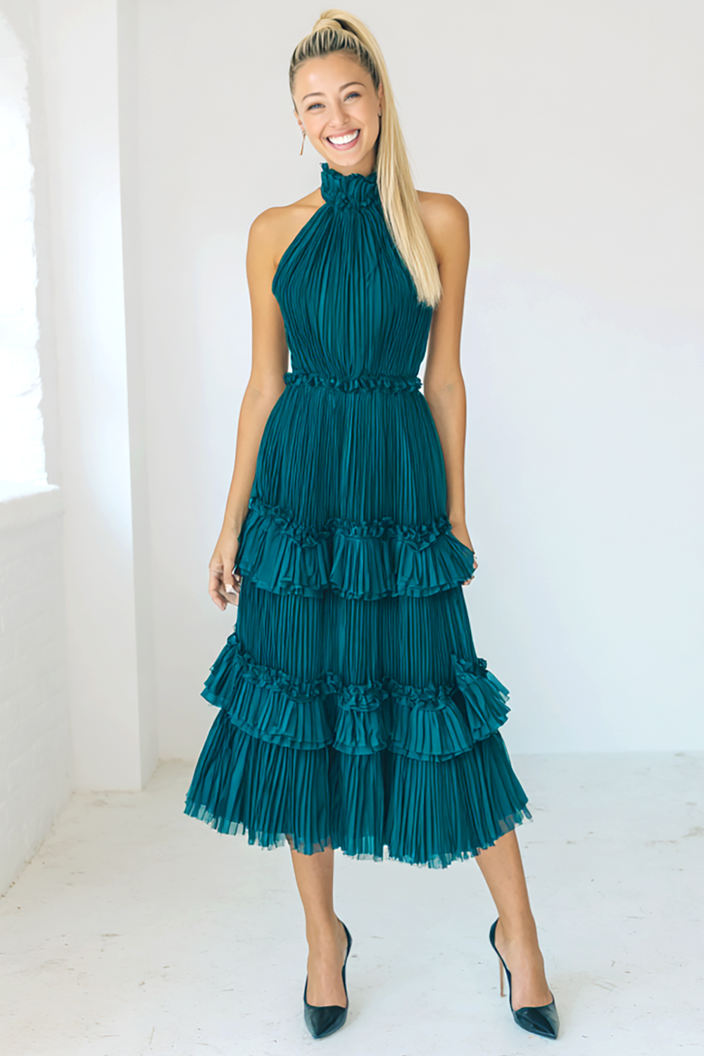 Leely Women Peacock Blue Tulle Midi Bridesmaid Dress A Line Halter Pleated Tiered Wedding Guest Dress with Ruffles