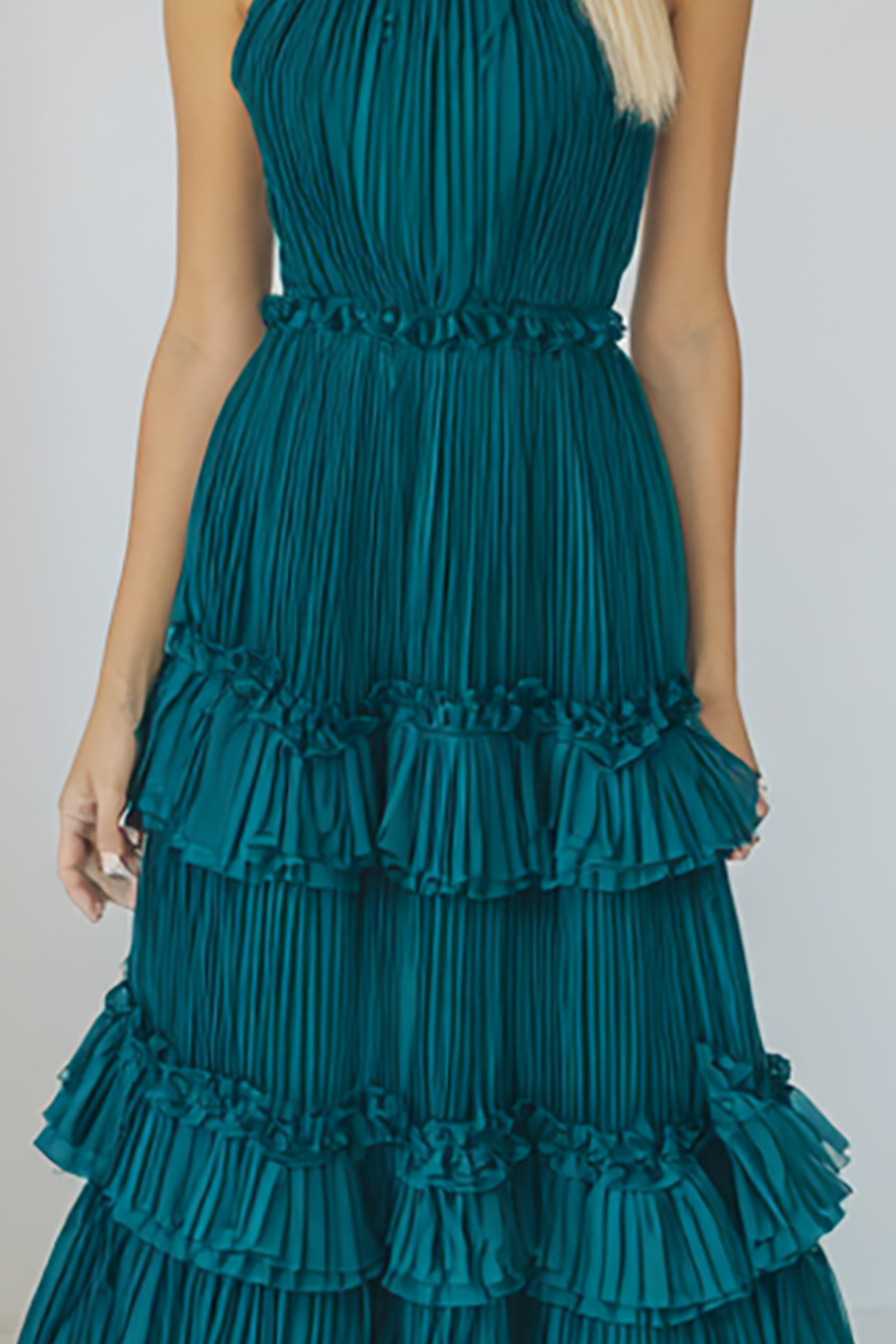 Peacock Blue Tiered Tulle Halter Pleated Midi Bridesmaid Dress with Ruffles