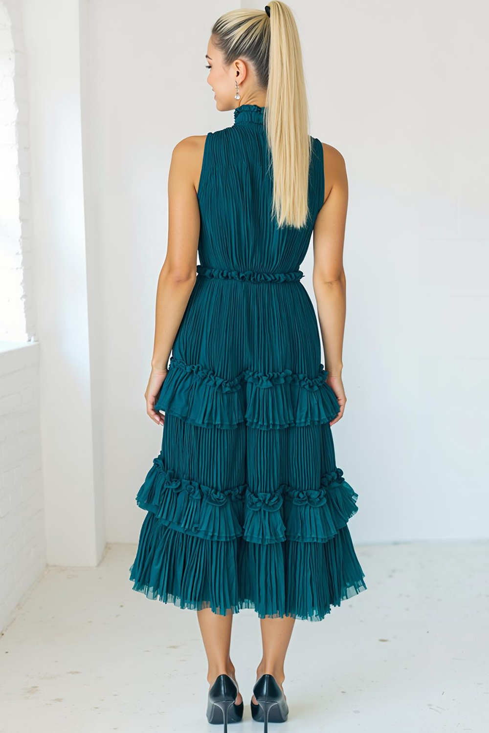 Peacock Blue Tiered Tulle Halter Pleated Midi Bridesmaid Dress with Ruffles