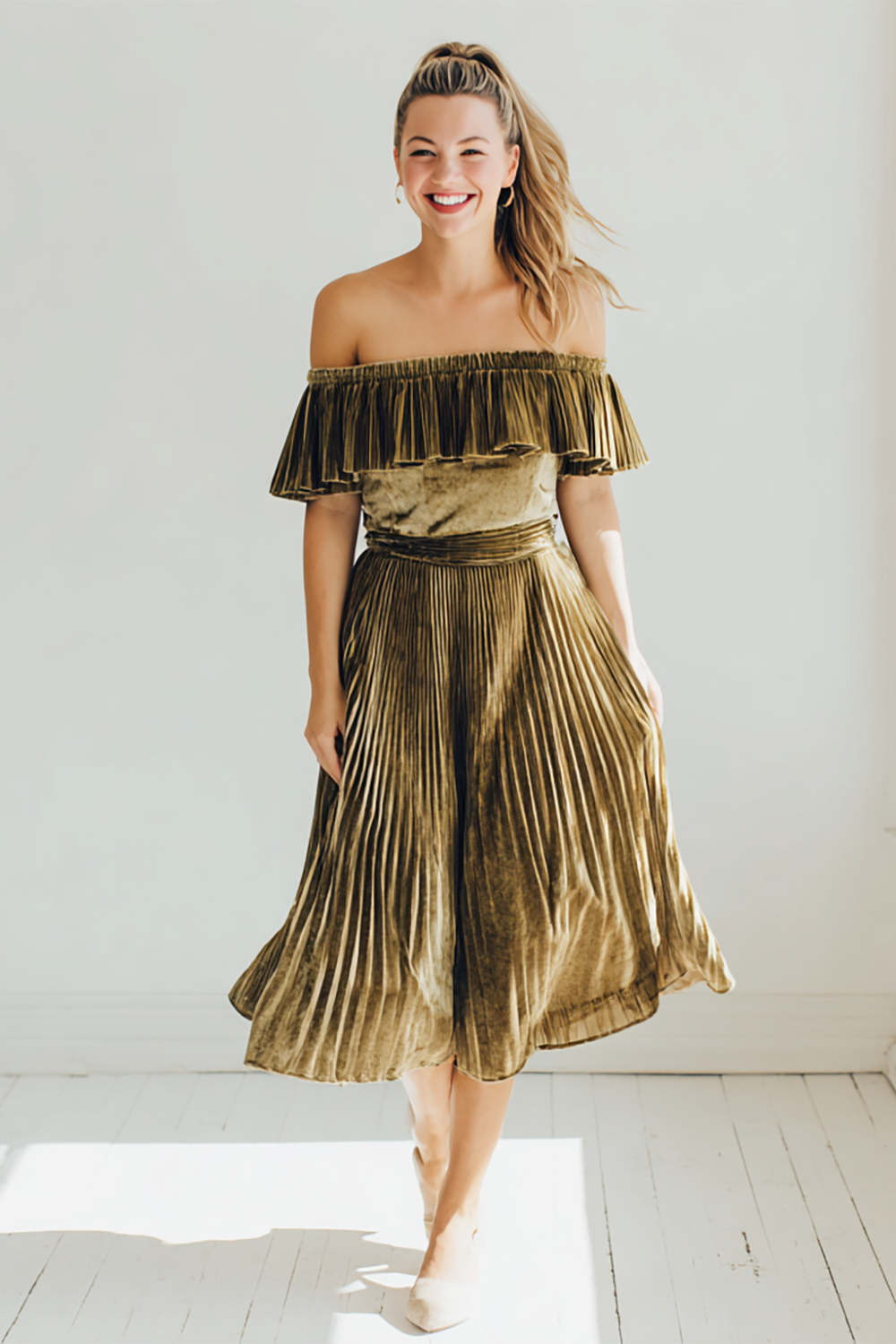 Leely Women Brown Velvet Midi Bridesmaid Dress Pleated A Line Off the Shoulder Wedding Guest Dress