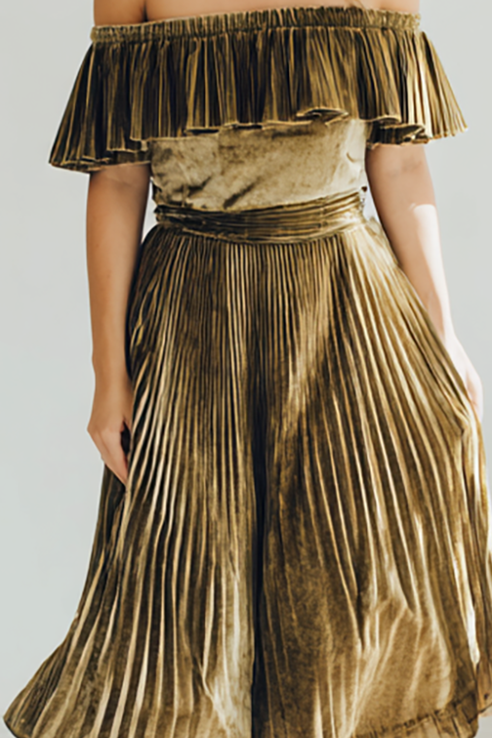 Brown Pleated Velvet A Line Off the Shoulder Midi Bridesmaid Dress