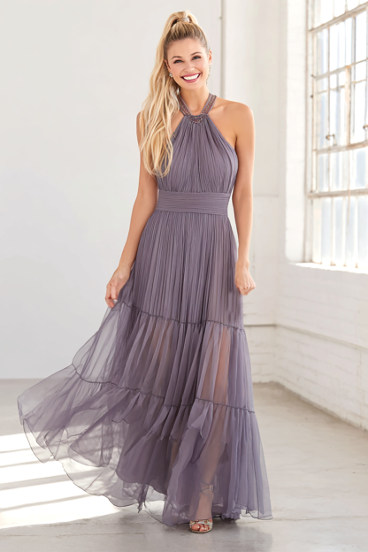 Leely Women Lilac Tulle Maxi Bridesmaid Dress A Line Halter Pleated Wedding Guest Dress