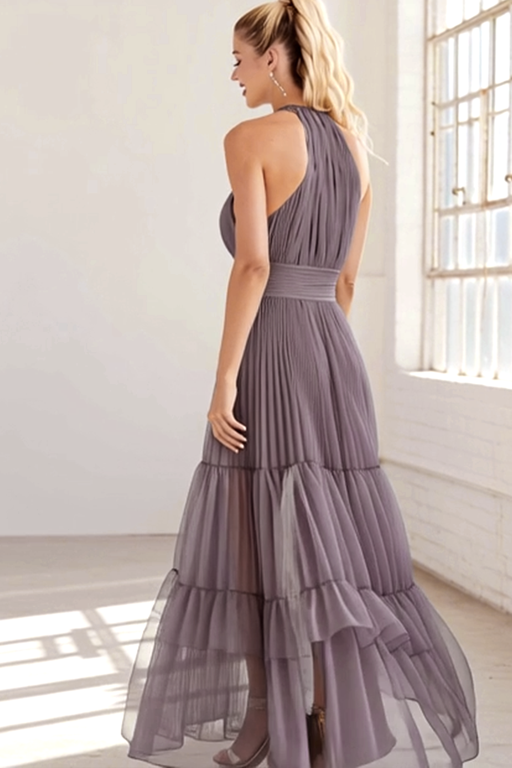 Lilac Pleated Tulle Halter A Line Maxi Bridesmaid Dress