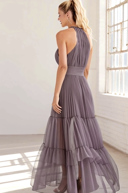 Lilac Pleated Tulle Halter A Line Maxi Bridesmaid Dress