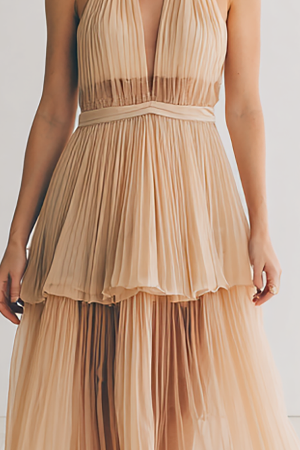 Khaki Halter Tiered Tulle Pleated Maxi Bridesmaid Dress with Ruffles