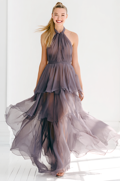 Lilac Ruched Tulle Halter Tiered Maxi Bridesmaid Dress with Ruffles