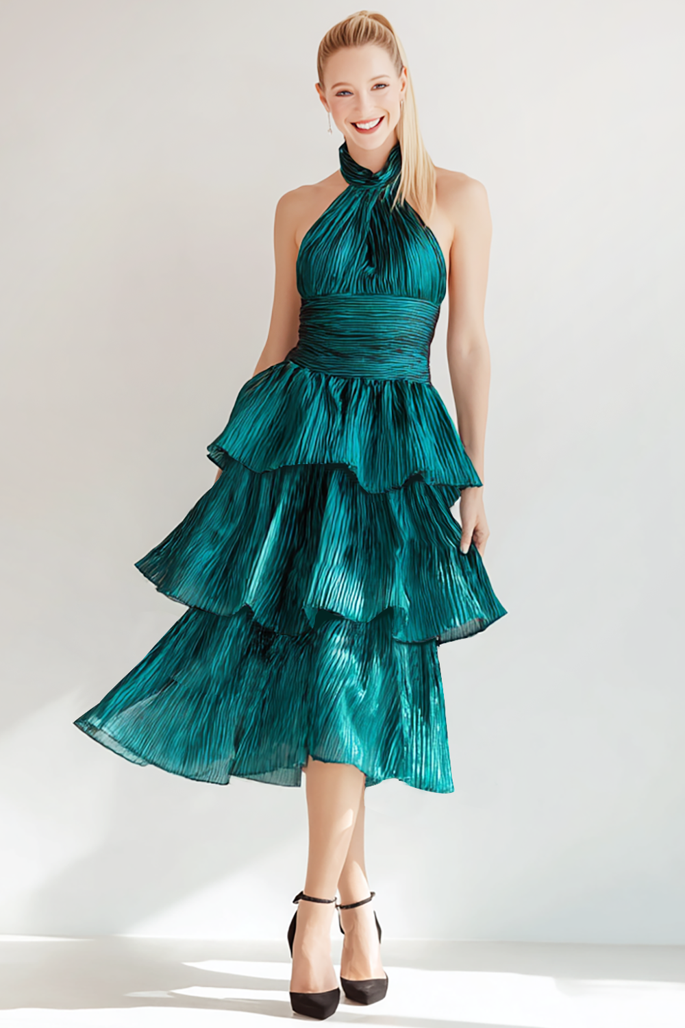 Metallic Peacock Blue Pleated Halter Tiered Midi Bridesmaid Dress with Ruffles