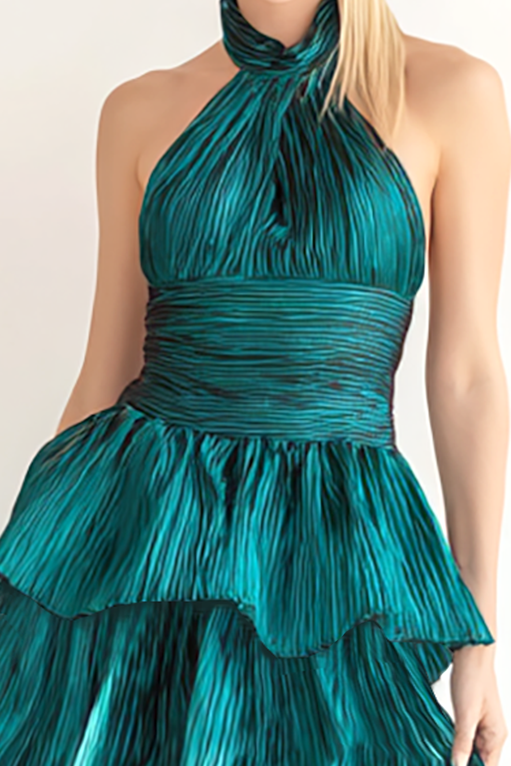 Metallic Peacock Blue Pleated Halter Tiered Midi Bridesmaid Dress with Ruffles