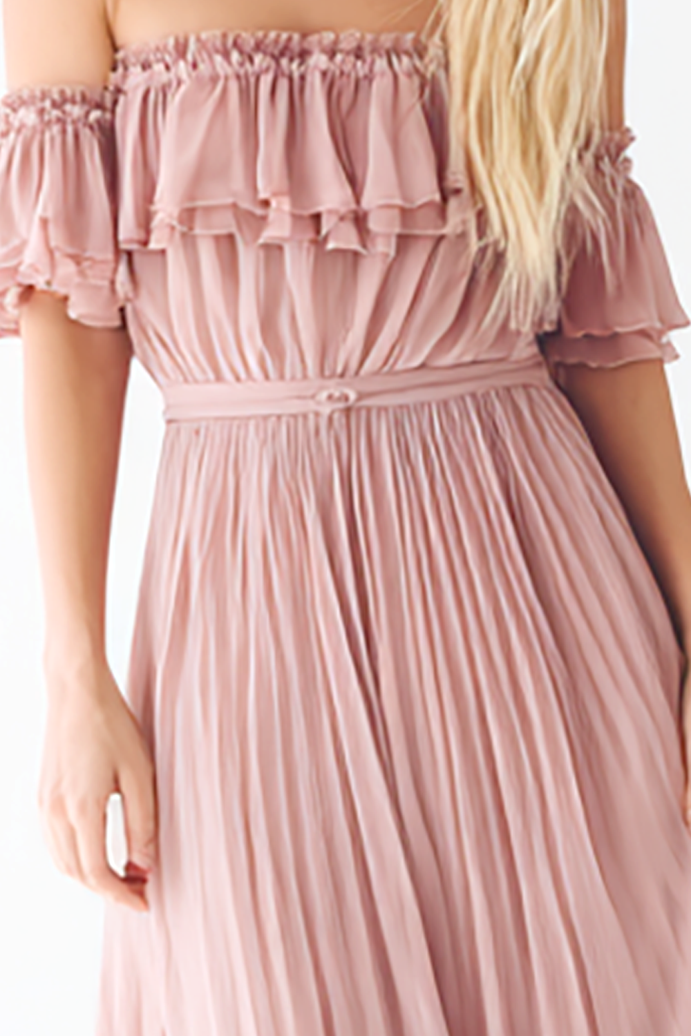 Dusty Rose Pleated Off the Shoulder Maxi Bridesmaid Dress with Ruffles