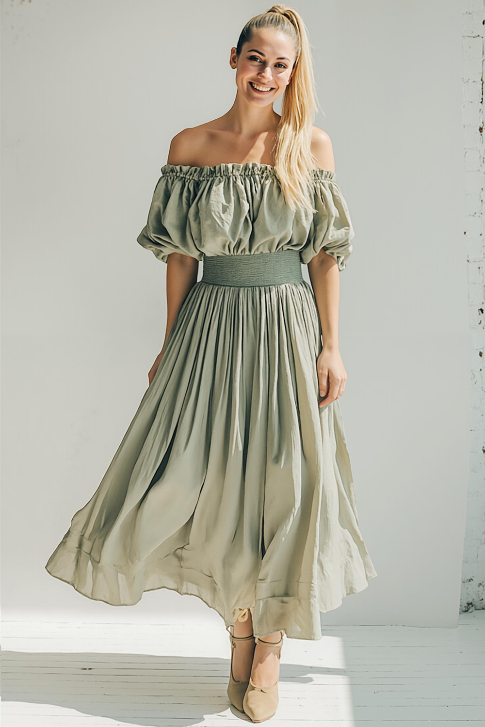 Leely Women Sage Green Maxi Bridesmaid Dress Ruched Off the Shoulder A Line Wedding Guest Dress