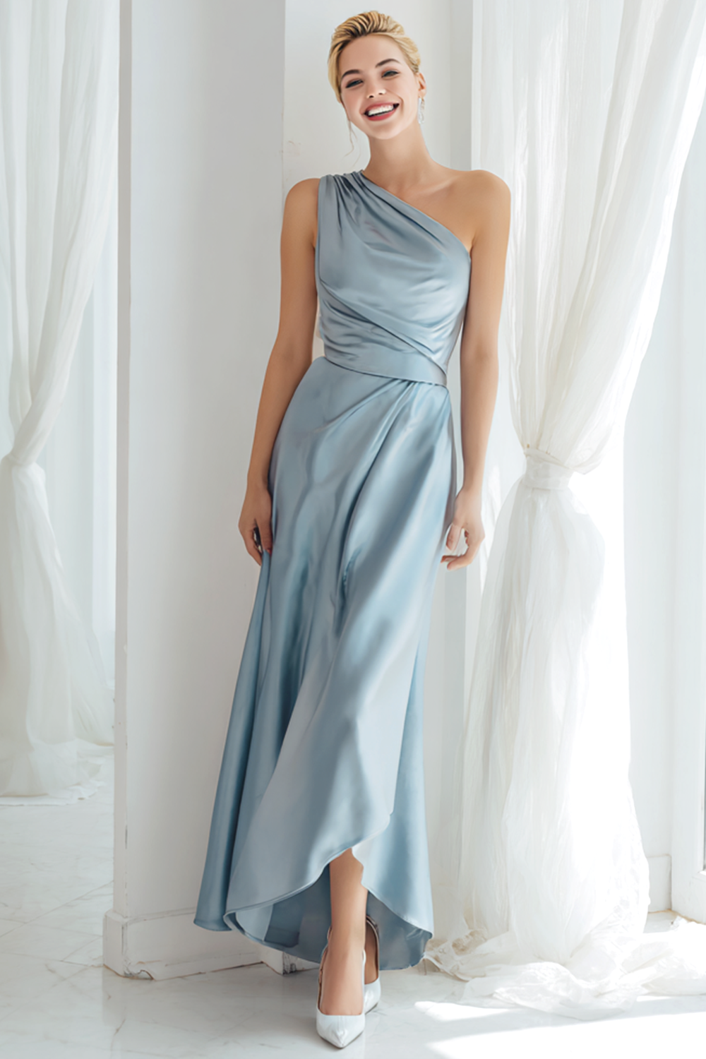 Leely Women Dusty Blue Satin Maxi Bridesmaid Dress Ruched Sheath One Shoulder Wedding Guest Dress