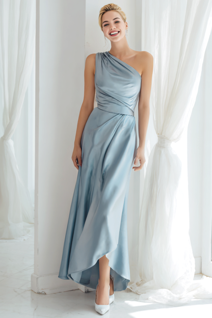 Leely Women Dusty Blue Satin Maxi Bridesmaid Dress Ruched Sheath One Shoulder Wedding Guest Dress