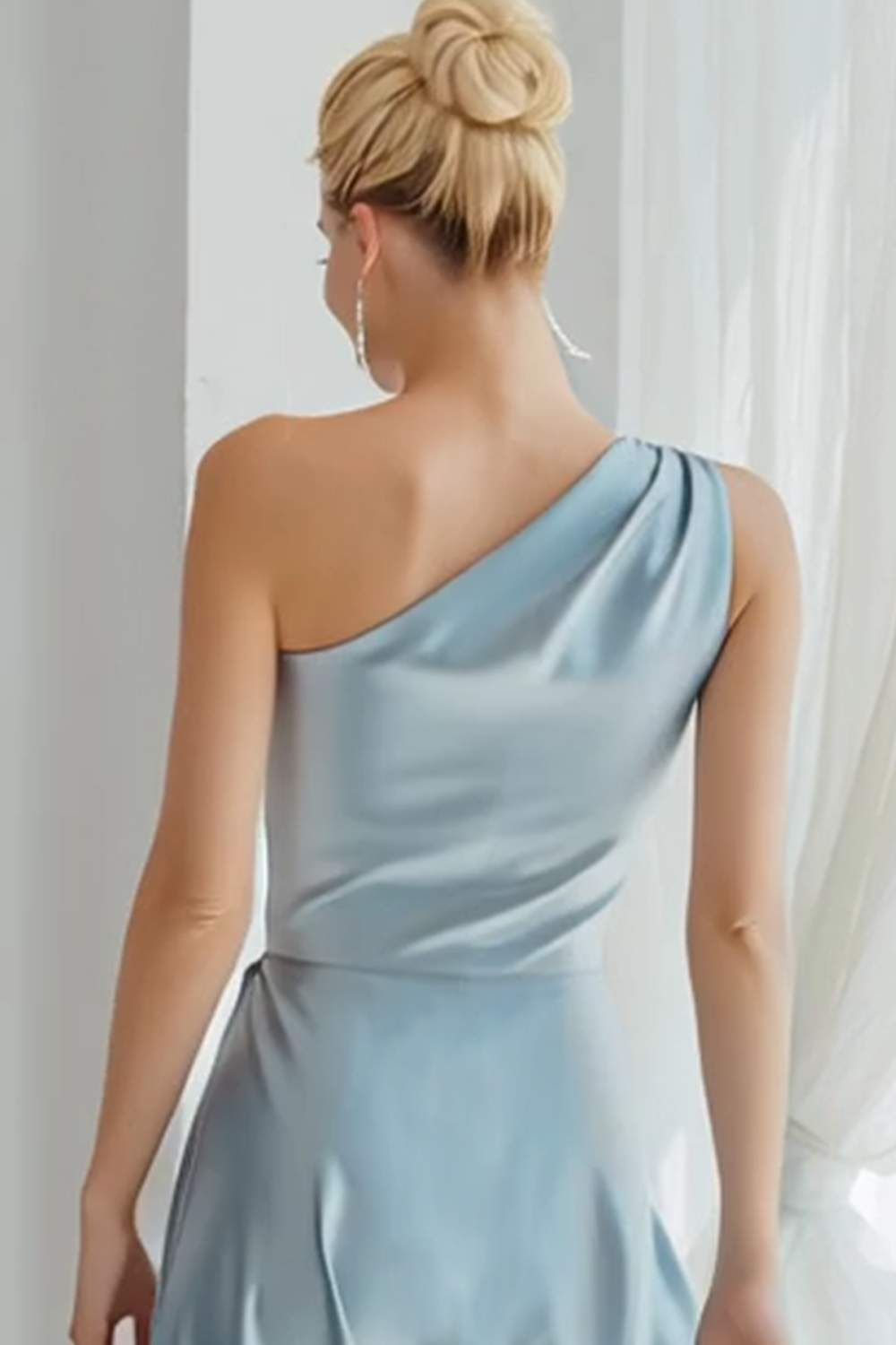 Dusty Blue Ruched Satin Sheath One Shoulder Maxi Bridesmaid Dress