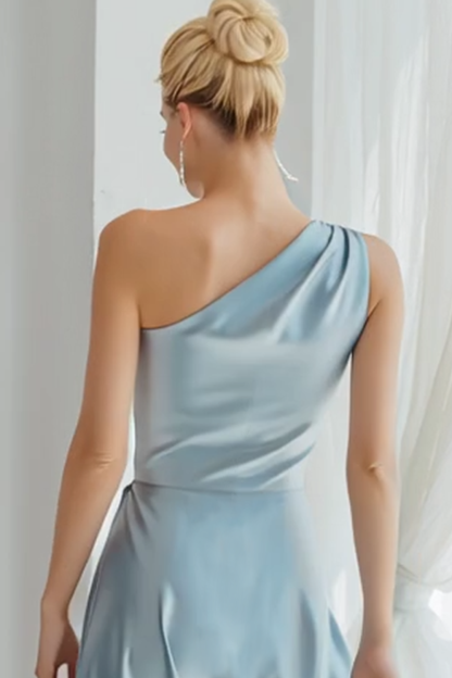 Dusty Blue Ruched Satin Sheath One Shoulder Maxi Bridesmaid Dress