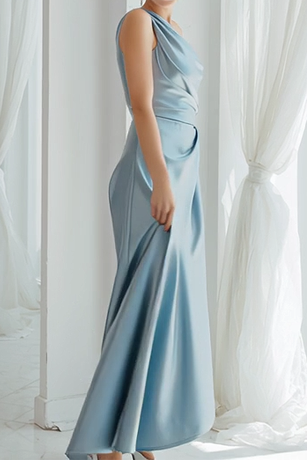 Dusty Blue Ruched Satin Sheath One Shoulder Maxi Bridesmaid Dress