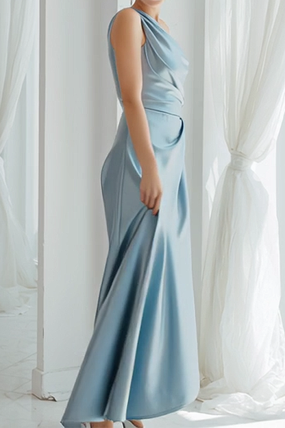 Dusty Blue Ruched Satin Sheath One Shoulder Maxi Bridesmaid Dress