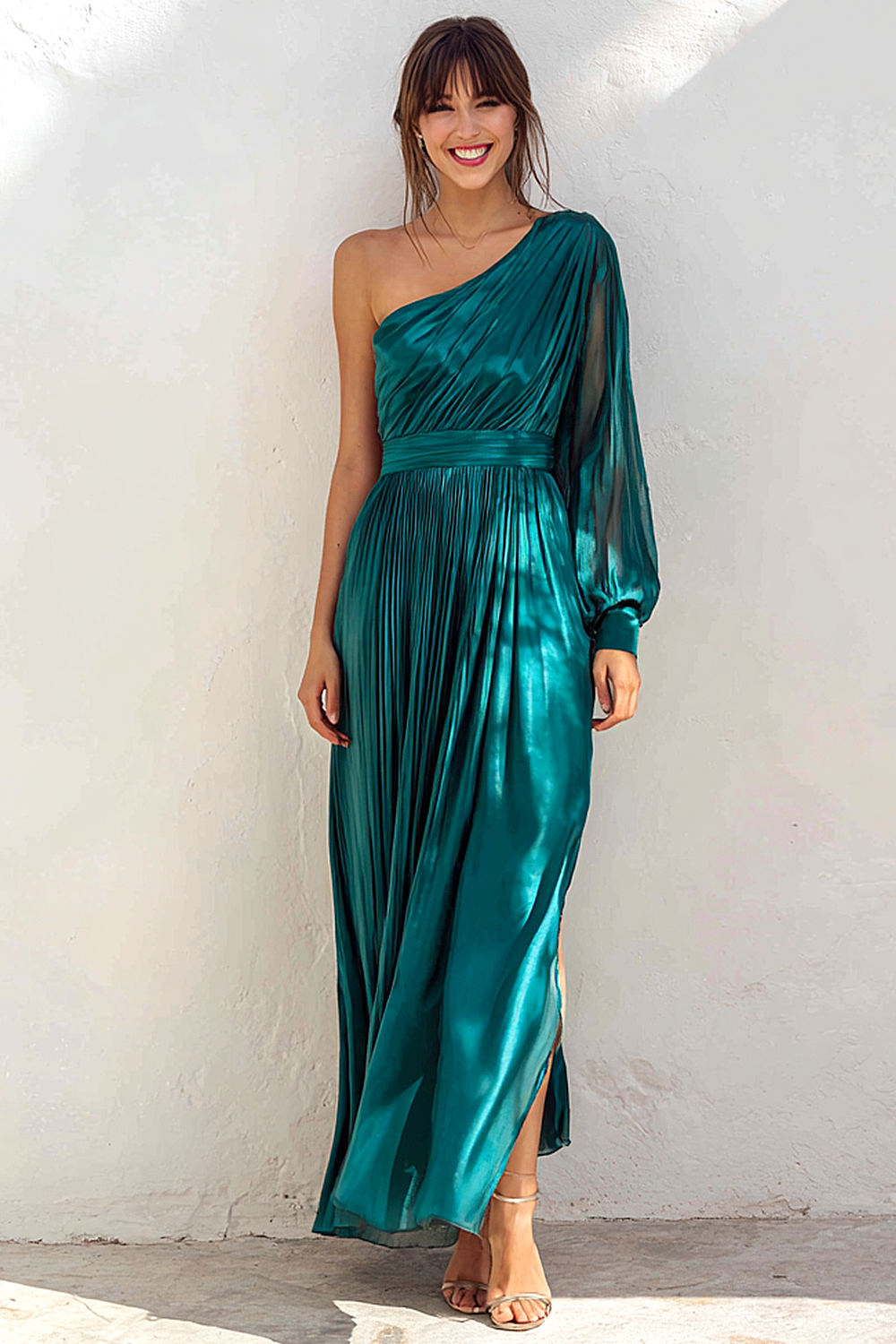 Metallic Peacock Blue Pleated Sheath One Shoulder Maxi Bridesmaid Dress