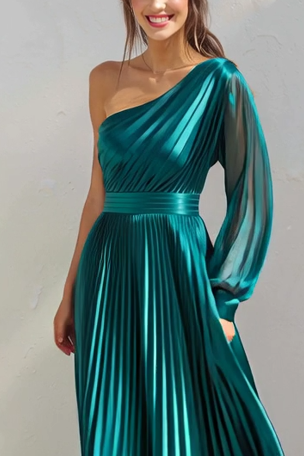 Metallic Peacock Blue Pleated Sheath One Shoulder Maxi Bridesmaid Dress