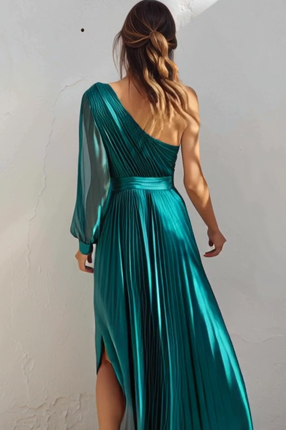 Metallic Peacock Blue Pleated Sheath One Shoulder Maxi Bridesmaid Dress