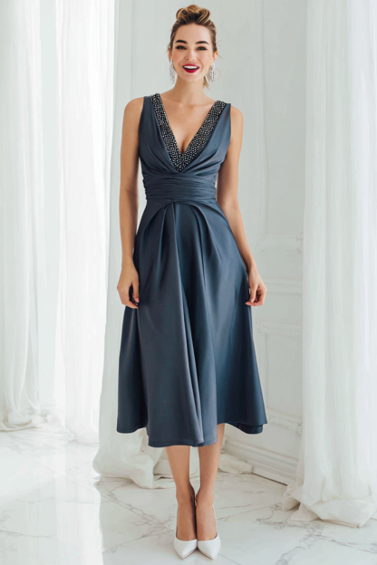 Leely Women Navy Satin Midi Petite Bridesmaid Dress Ruched V-Neck A Line Beaded Wedding Guest Dress